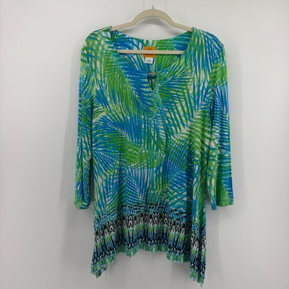 Ruby Rd Womens Large Blue Green Tropical Palm Print Sharkbite Hem Tunic Top